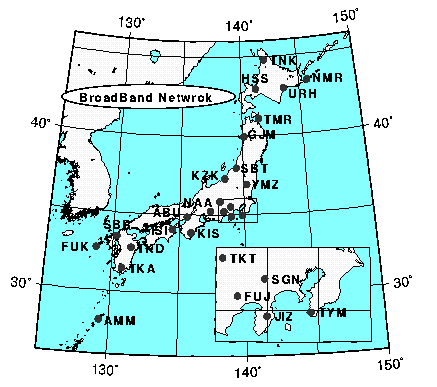 図1：1999年3月末現在の観測点分布（現在建設中の観測点も含む）