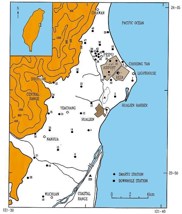 Fig1. The location and configuration of the SMART-2 array including 40 free-field stations and two downhole vertical arrays